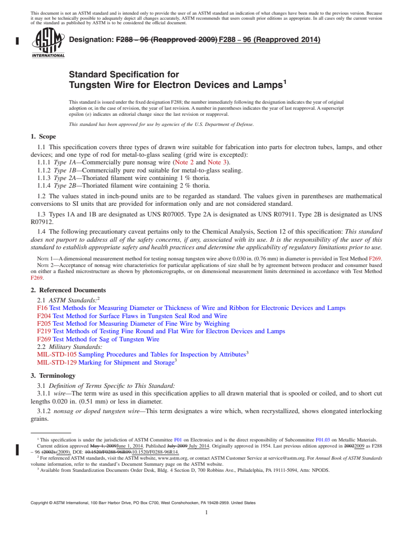 REDLINE ASTM F288-96(2014) - Standard Specification for  Tungsten Wire for Electron Devices and Lamps