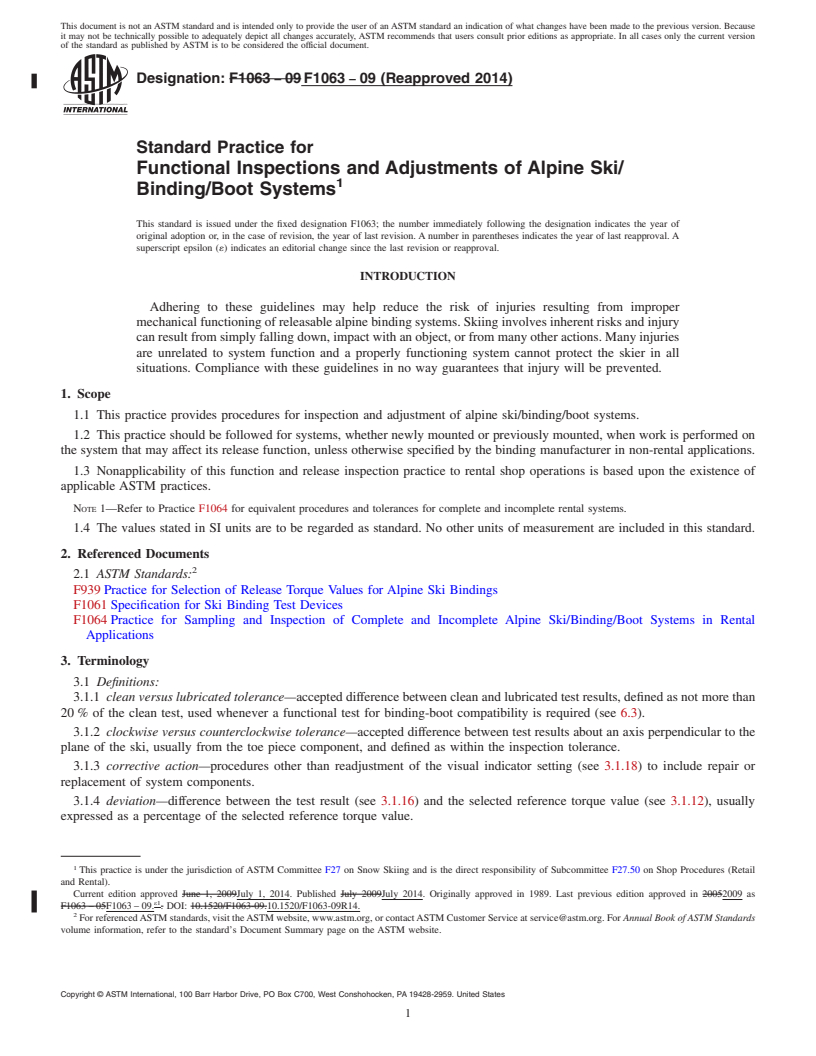 REDLINE ASTM F1063-09(2014) - Standard Practice for  Functional Inspections and Adjustments of Alpine Ski/Binding/Boot  Systems