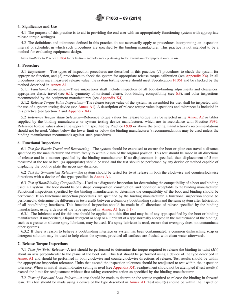 REDLINE ASTM F1063-09(2014) - Standard Practice for  Functional Inspections and Adjustments of Alpine Ski/Binding/Boot  Systems