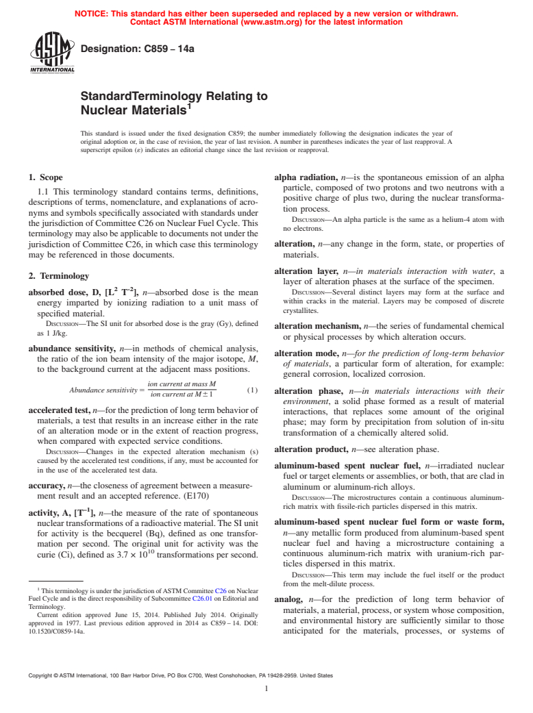 ASTM C859-14a - Standard Terminology Relating to  Nuclear Materials
