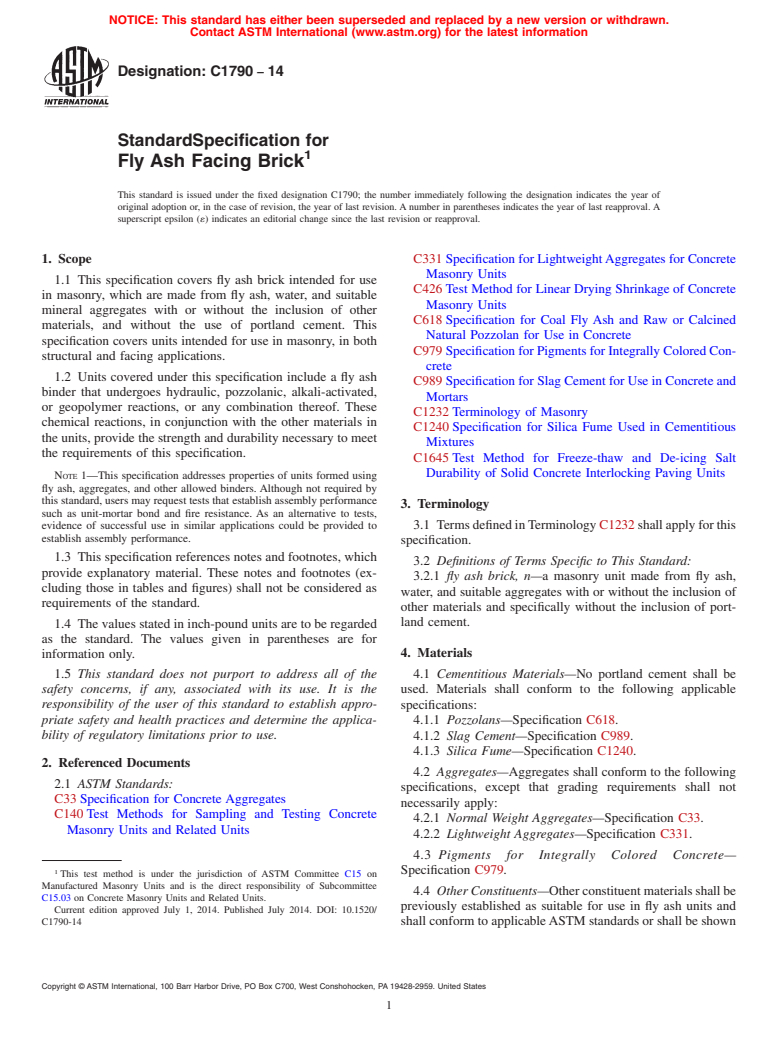 ASTM C1790-14 - Standard Specification for Fly Ash Facing Brick