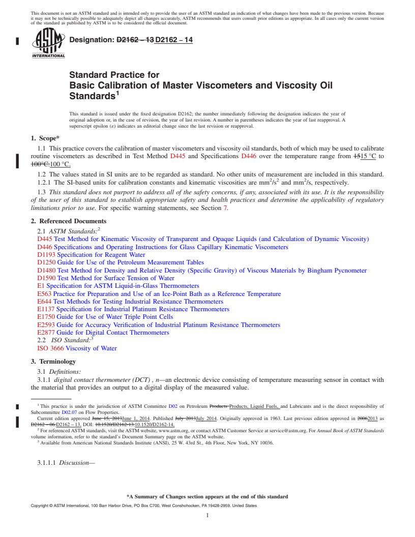 REDLINE ASTM D2162-14 - Standard Practice for  Basic Calibration of Master Viscometers and Viscosity Oil Standards