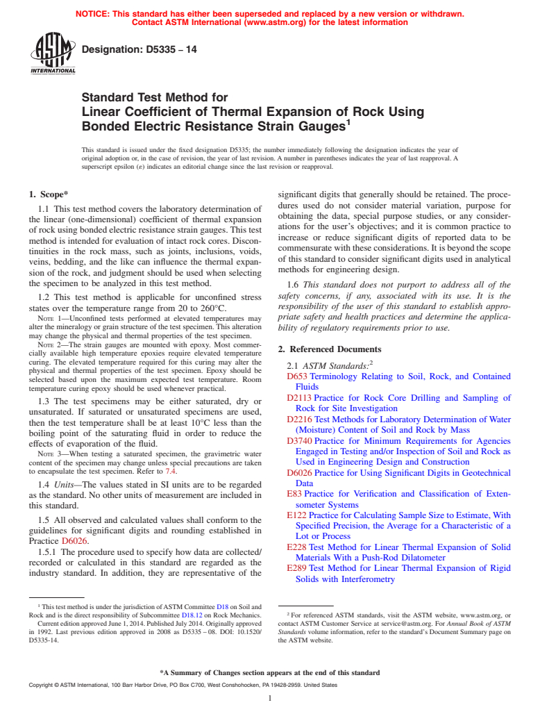 ASTM D5335-14 - Standard Test Method for  Linear Coefficient of Thermal Expansion of Rock Using Bonded  Electric Resistance Strain Gauges (Withdrawn 2023)