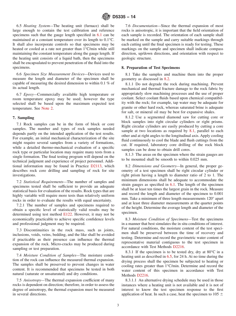 ASTM D5335-14 - Standard Test Method for  Linear Coefficient of Thermal Expansion of Rock Using Bonded  Electric Resistance Strain Gauges (Withdrawn 2023)