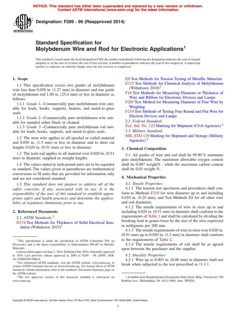 ASTM F289-96(2014) - Standard Specification for  Molybdenum Wire and Rod for Electronic Applications