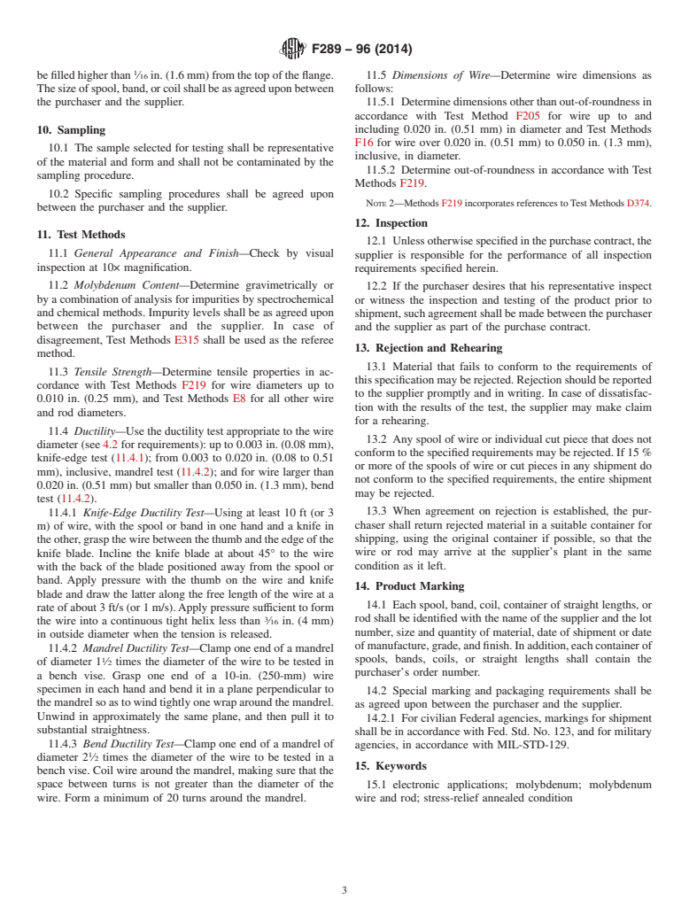 ASTM F289-96(2014) - Standard Specification for  Molybdenum Wire and Rod for Electronic Applications