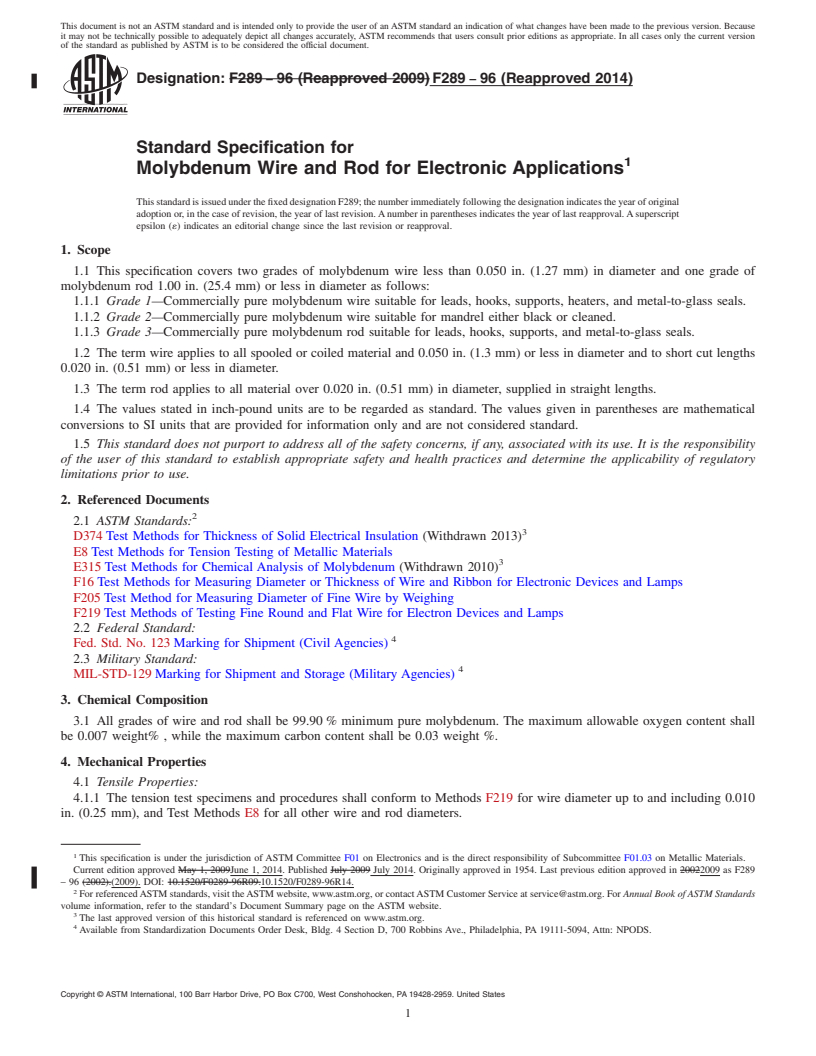 REDLINE ASTM F289-96(2014) - Standard Specification for  Molybdenum Wire and Rod for Electronic Applications