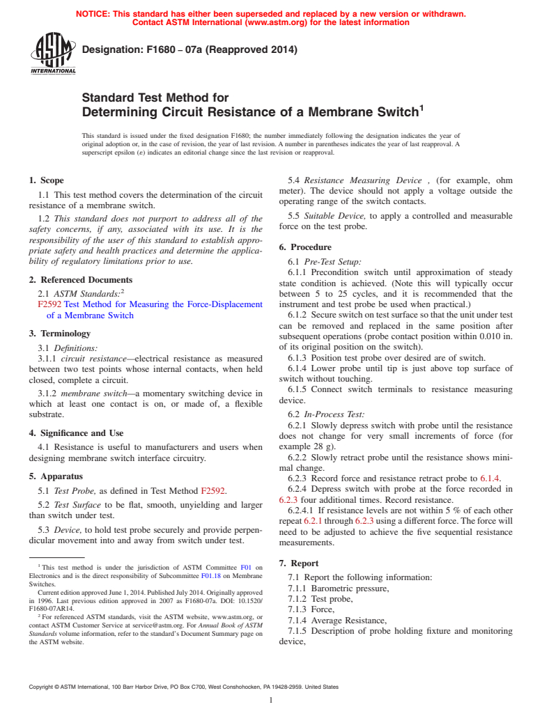 ASTM F1680-07a(2014) - Standard Test Method for  Determining Circuit Resistance of a Membrane Switch (Withdrawn 2023)