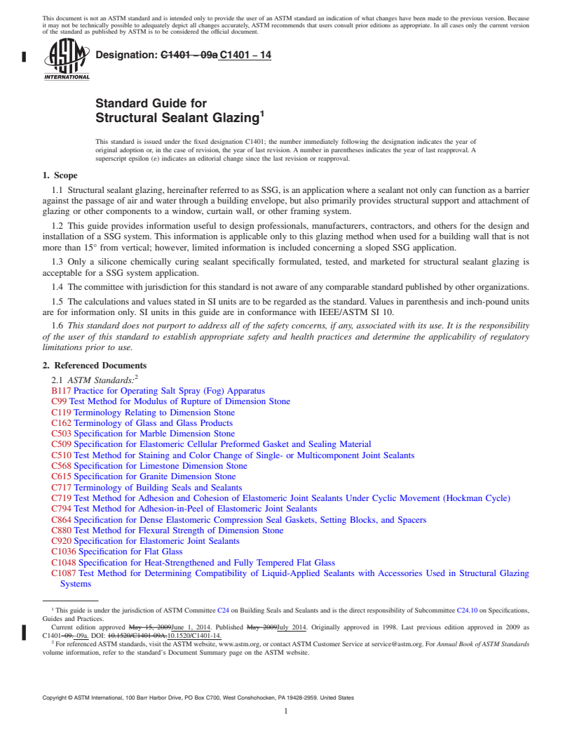 REDLINE ASTM C1401-14 - Standard Guide for  Structural Sealant Glazing