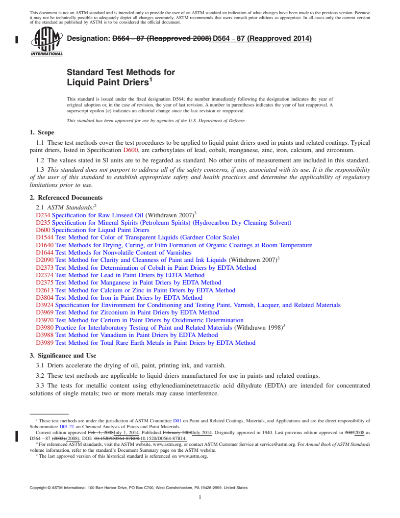 REDLINE ASTM D564-87(2014) - Standard Test Methods for Liquid Paint Driers