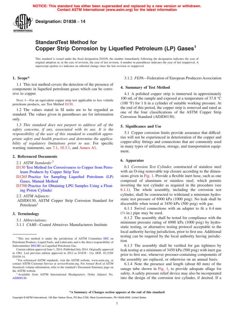 ASTM D1838-14 - Standard Test Method for Copper Strip Corrosion by Liquefied Petroleum &#40;LP&#41; Gases