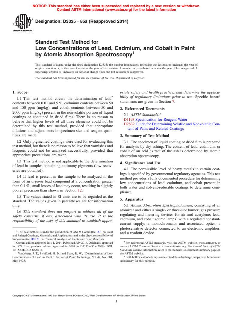 ASTM D3335-85a(2014) - Standard Test Method for Low Concentrations of Lead, Cadmium, and Cobalt in Paint by   Atomic   Absorption Spectroscopy