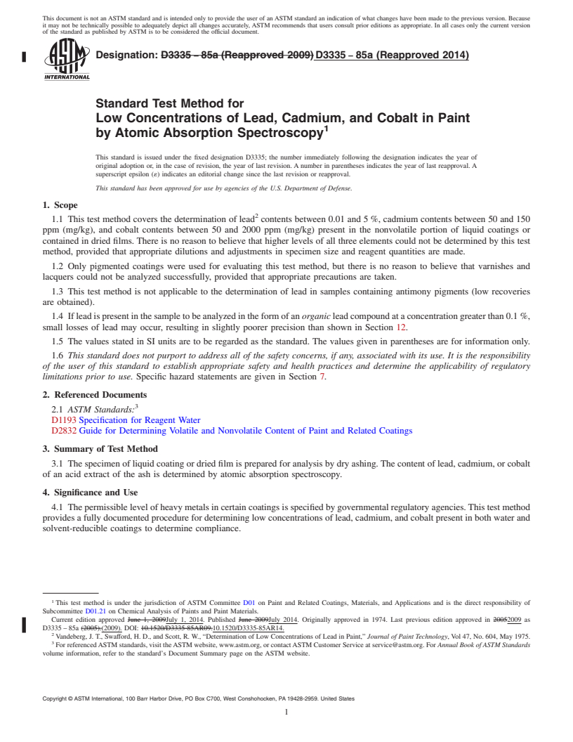 REDLINE ASTM D3335-85a(2014) - Standard Test Method for Low Concentrations of Lead, Cadmium, and Cobalt in Paint by   Atomic   Absorption Spectroscopy