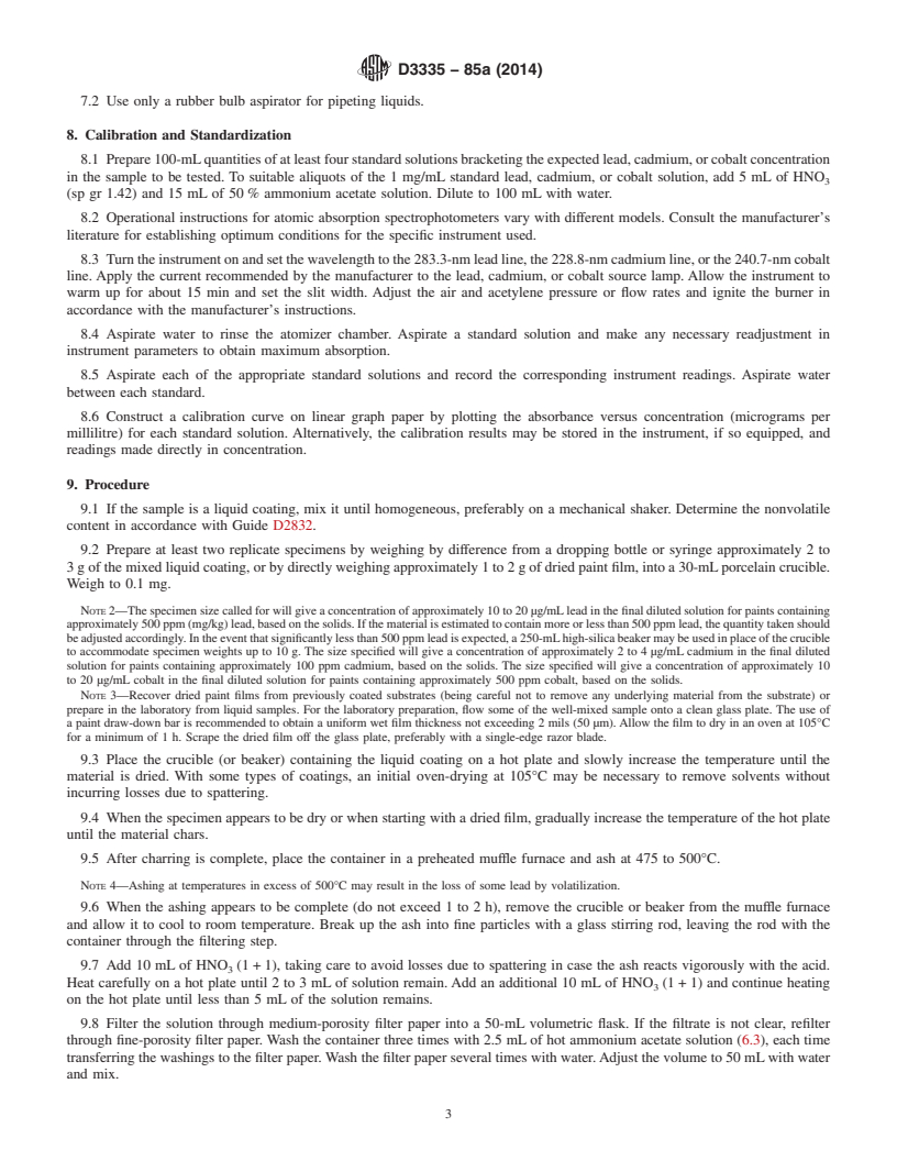 REDLINE ASTM D3335-85a(2014) - Standard Test Method for Low Concentrations of Lead, Cadmium, and Cobalt in Paint by   Atomic   Absorption Spectroscopy