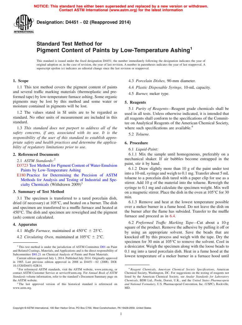 ASTM D4451-02(2014) - Standard Test Method for Pigment Content of Paints by Low-Temperature Ashing