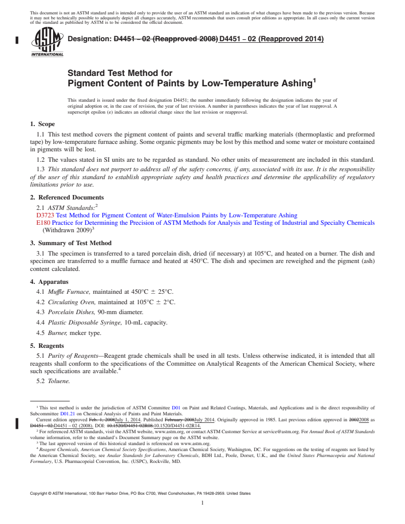 REDLINE ASTM D4451-02(2014) - Standard Test Method for Pigment Content of Paints by Low-Temperature Ashing