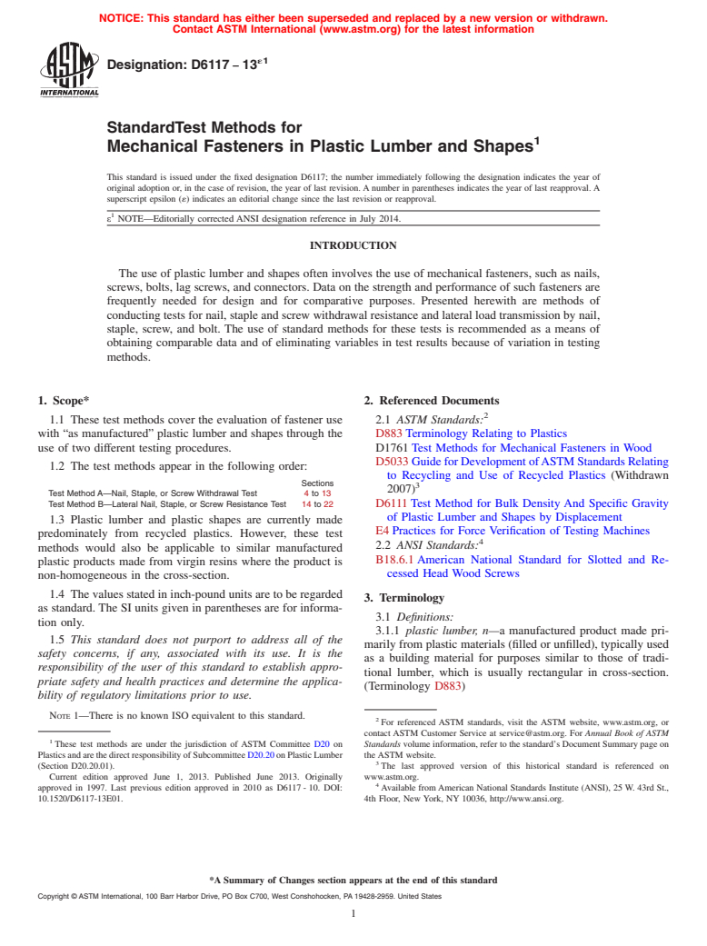 ASTM D6117-13e1 - Standard Test Methods for  Mechanical Fasteners in Plastic Lumber and Shapes