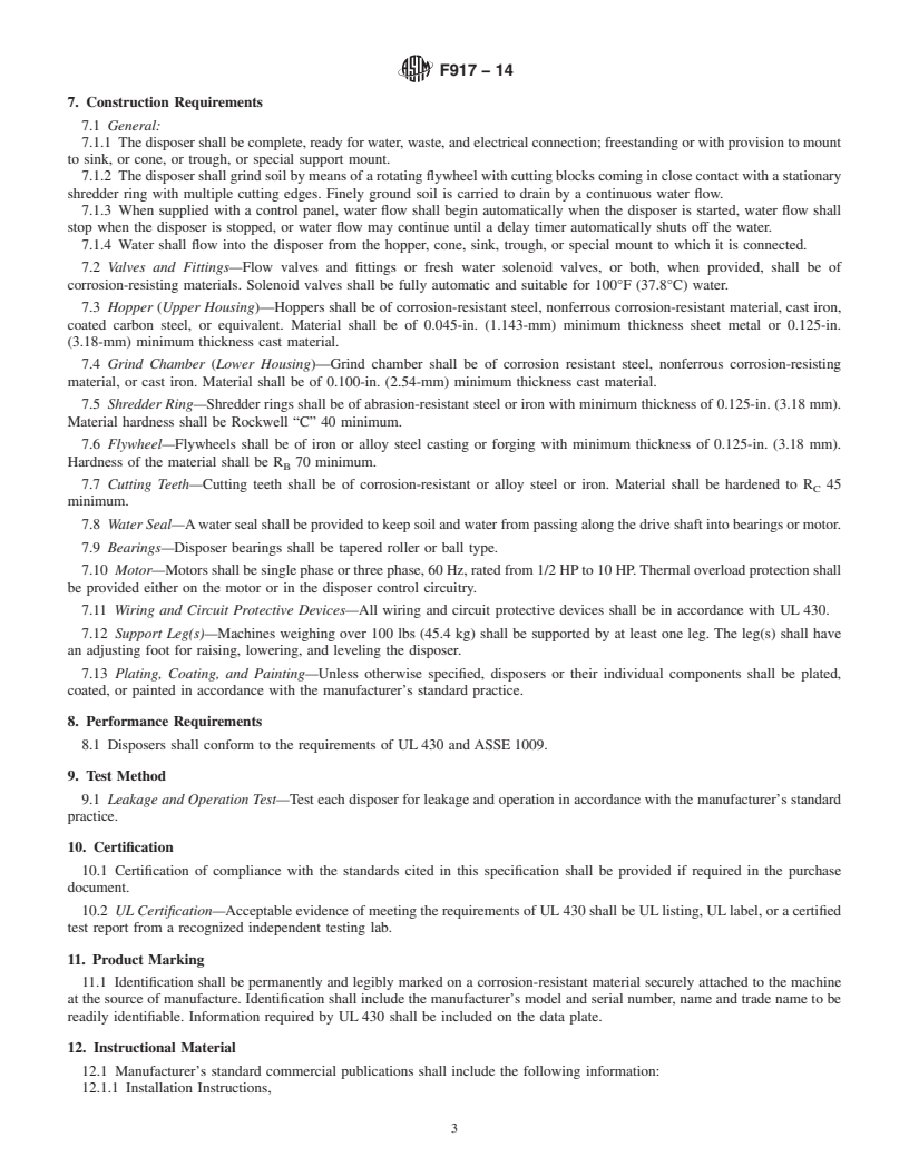 REDLINE ASTM F917-14 - Standard Specification for  Commercial Food Waste Disposers