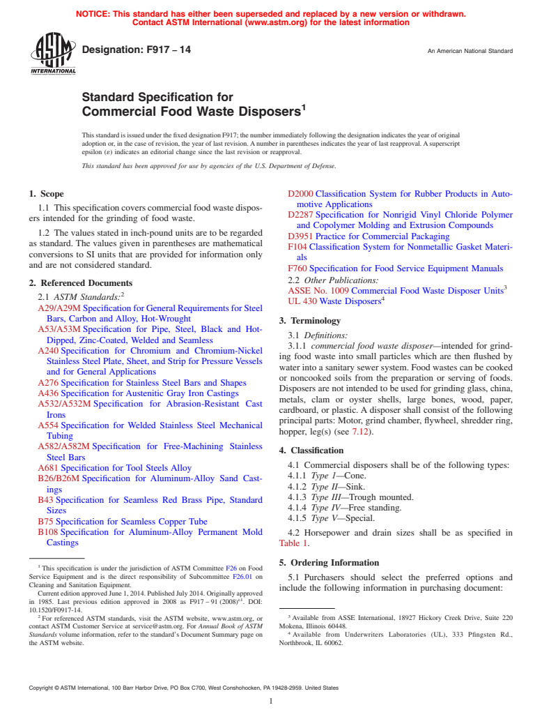 ASTM F917-14 - Standard Specification for  Commercial Food Waste Disposers