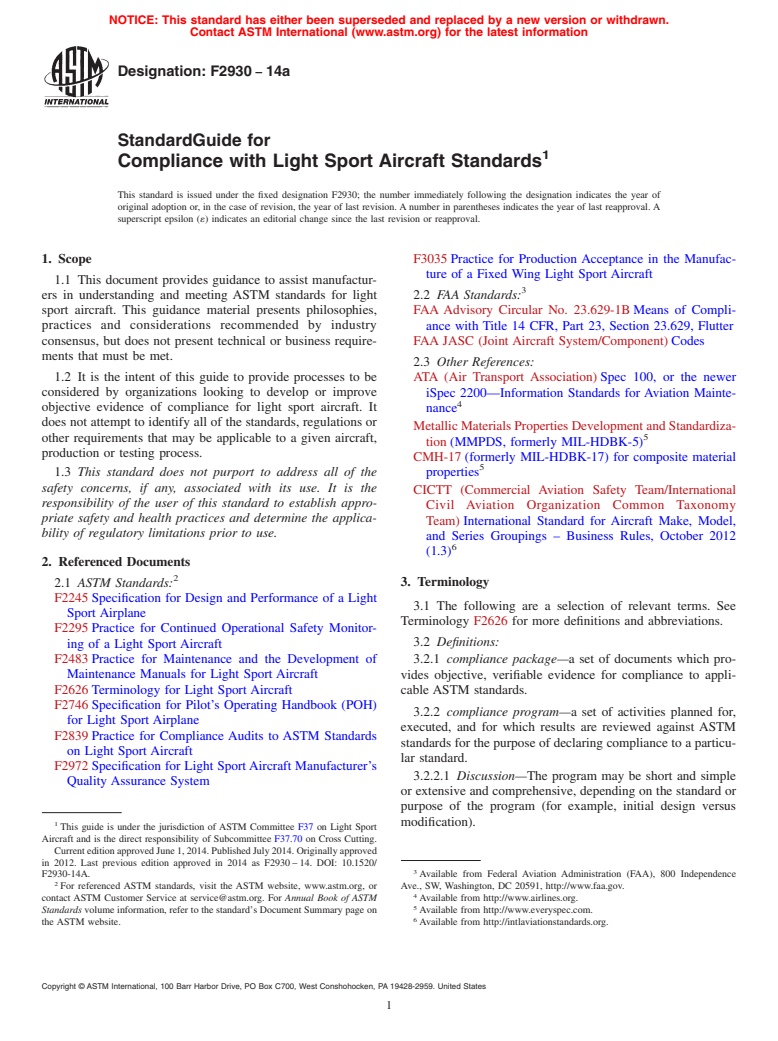 ASTM F2930-14a - Standard Guide for Compliance with Light Sport Aircraft Standards