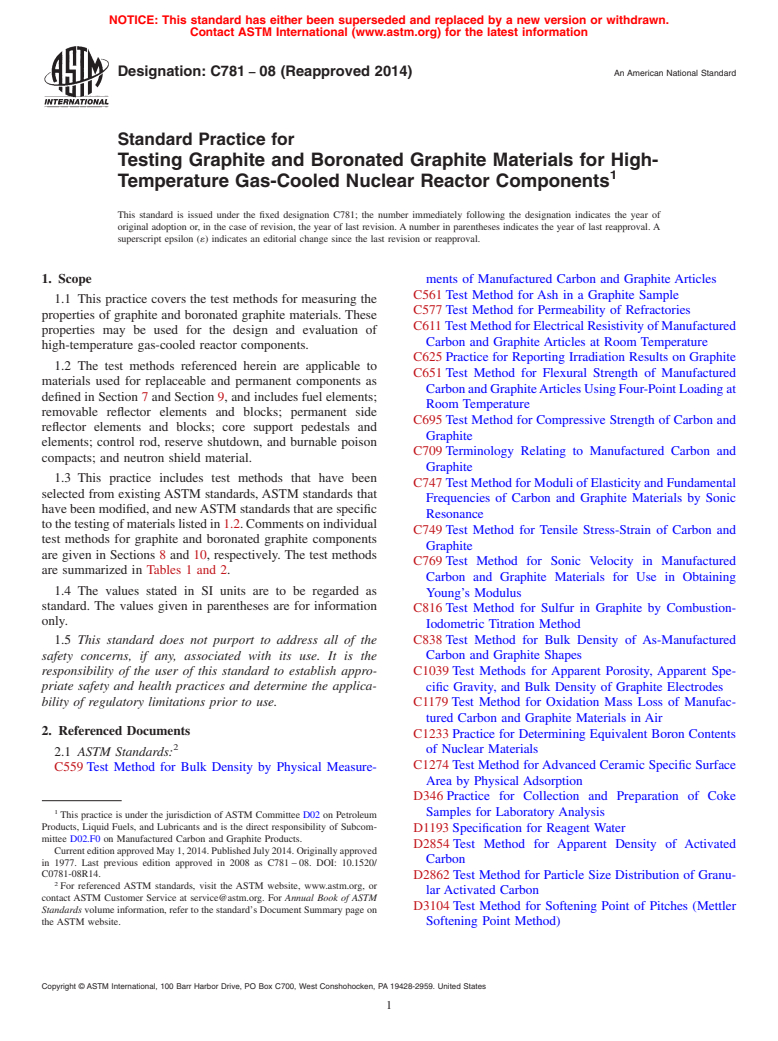 ASTM C781-08(2014) - Standard Practice for  Testing Graphite and Boronated Graphite Materials for High-Temperature  Gas-Cooled Nuclear Reactor Components