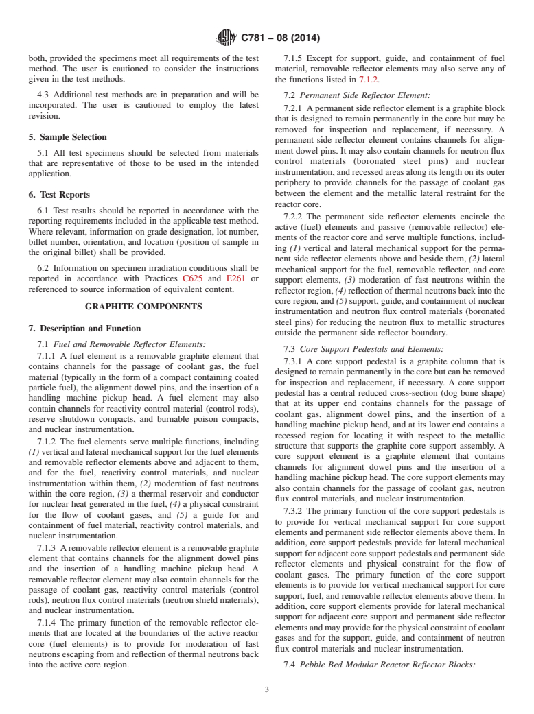 ASTM C781-08(2014) - Standard Practice for  Testing Graphite and Boronated Graphite Materials for High-Temperature  Gas-Cooled Nuclear Reactor Components