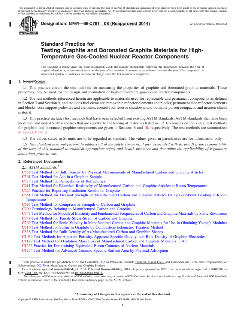 REDLINE ASTM C781-08(2014) - Standard Practice for  Testing Graphite and Boronated Graphite Materials for High-Temperature  Gas-Cooled Nuclear Reactor Components