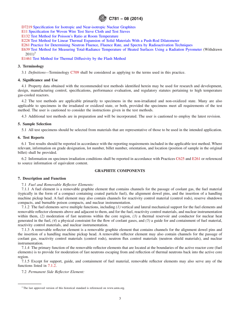 REDLINE ASTM C781-08(2014) - Standard Practice for  Testing Graphite and Boronated Graphite Materials for High-Temperature  Gas-Cooled Nuclear Reactor Components