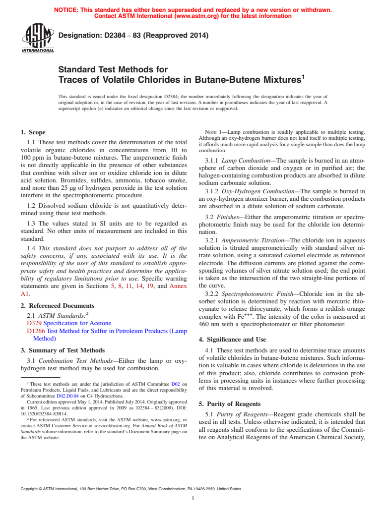 ASTM D2384-83(2014) - Standard Test Methods for  Traces of Volatile Chlorides in Butane-Butene Mixtures