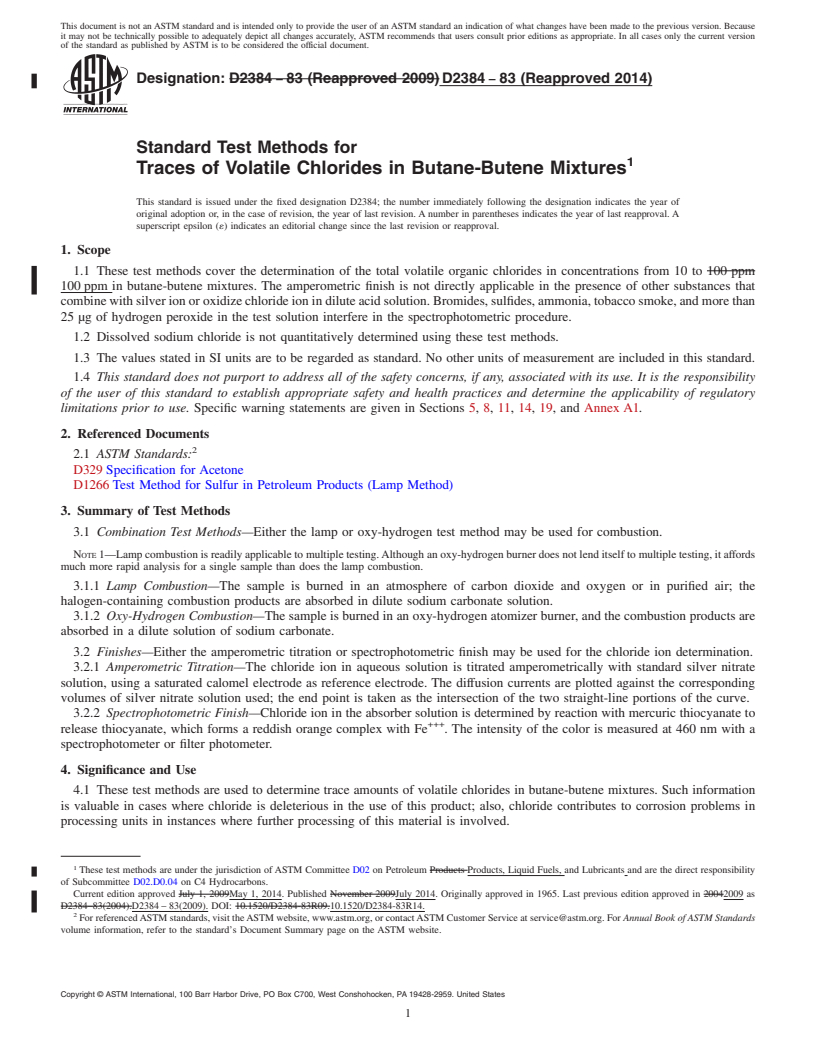 REDLINE ASTM D2384-83(2014) - Standard Test Methods for  Traces of Volatile Chlorides in Butane-Butene Mixtures