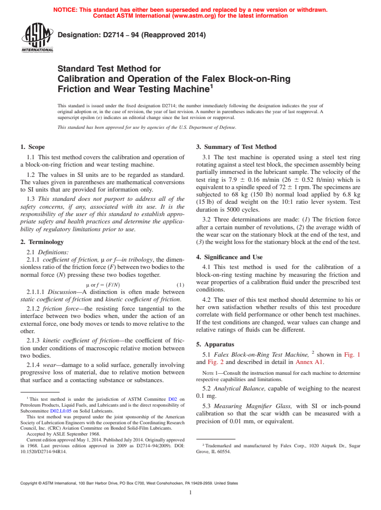 ASTM D2714-94(2014) - Standard Test Method for  Calibration and Operation of the Falex Block-on-Ring Friction   and Wear Testing Machine