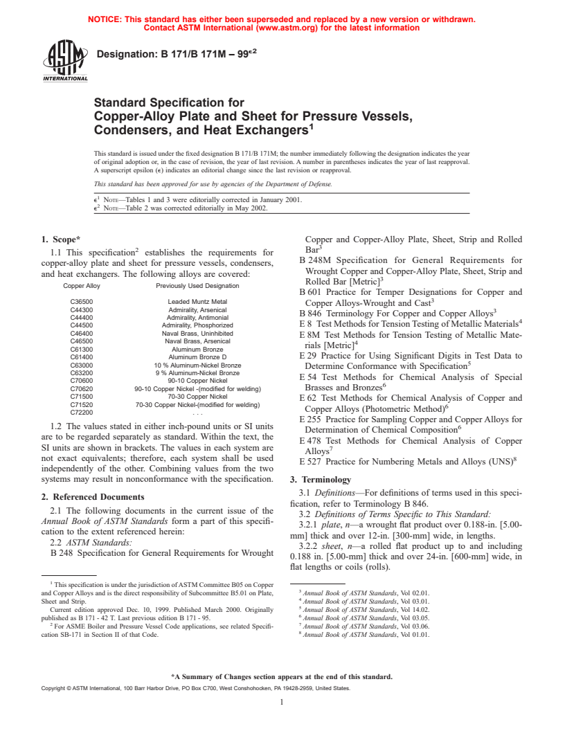 ASTM B171/B171M-99e2 - Standard Specification for Copper-Alloy Plate and Sheet for Pressure Vessels, Condensers, and Heat Exchangers