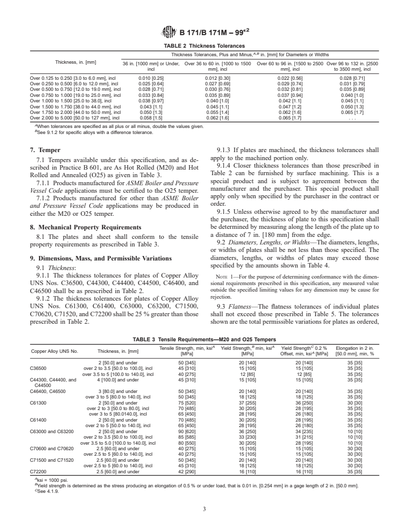 ASTM B171/B171M-99e2 - Standard Specification for Copper-Alloy Plate and Sheet for Pressure Vessels, Condensers, and Heat Exchangers