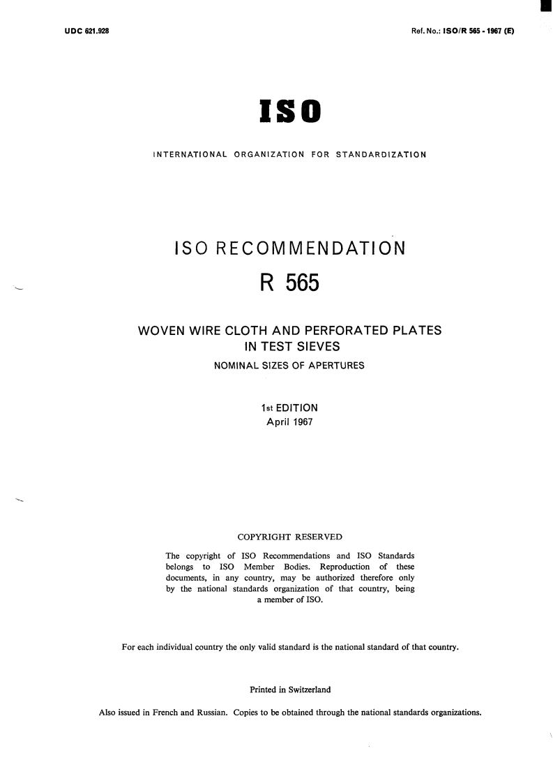 ISO/R 565:1967 - Title missing - Legacy paper document
Released:1/1/1967