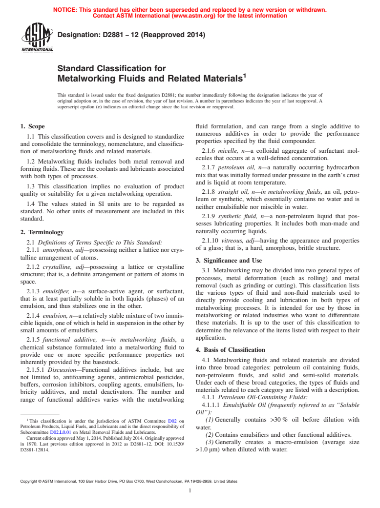 ASTM D2881-12(2014) - Standard Classification for Metalworking Fluids and Related Materials