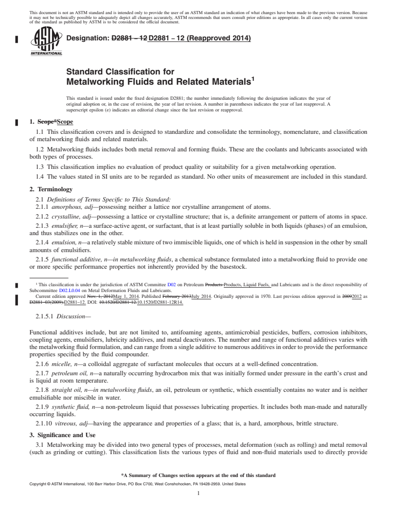 REDLINE ASTM D2881-12(2014) - Standard Classification for Metalworking Fluids and Related Materials