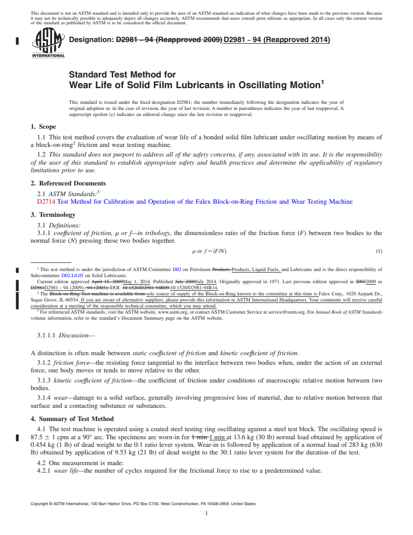 REDLINE ASTM D2981-94(2014) - Standard Test Method for  Wear Life of Solid Film Lubricants in Oscillating Motion