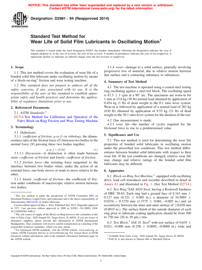 ASTM D2981-94(2014) - Standard Test Method for  Wear Life of Solid Film Lubricants in Oscillating Motion