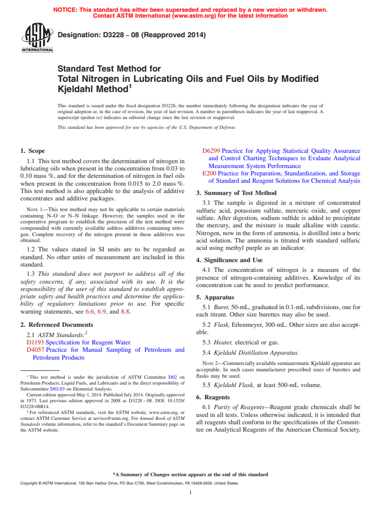 ASTM D3228-08(2014) - Standard Test Method for  Total Nitrogen in Lubricating Oils and Fuel Oils by Modified  Kjeldahl Method