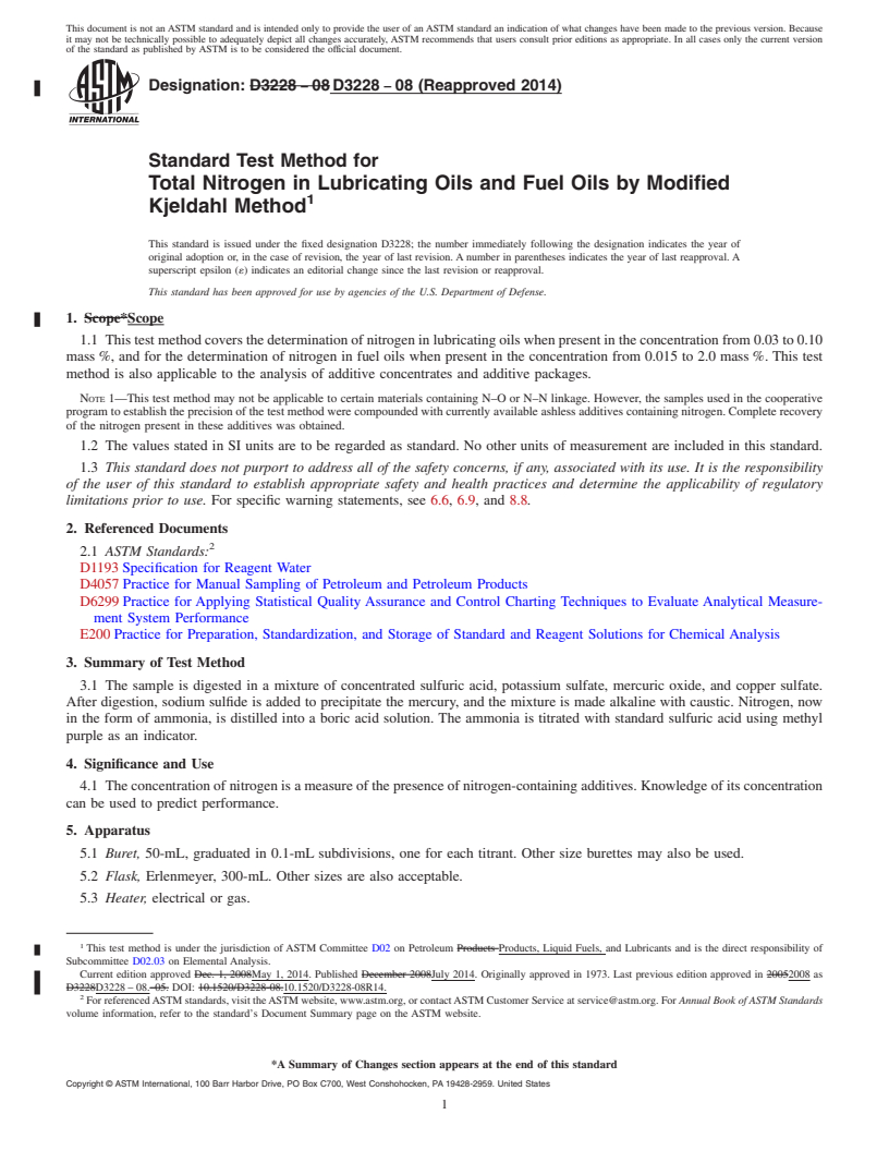 REDLINE ASTM D3228-08(2014) - Standard Test Method for  Total Nitrogen in Lubricating Oils and Fuel Oils by Modified  Kjeldahl Method