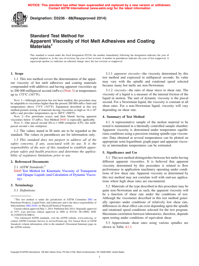 ASTM D3236-88(2014) - Standard Test Method for  Apparent Viscosity of Hot Melt Adhesives and Coating Materials