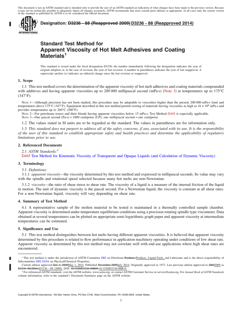 REDLINE ASTM D3236-88(2014) - Standard Test Method for  Apparent Viscosity of Hot Melt Adhesives and Coating Materials