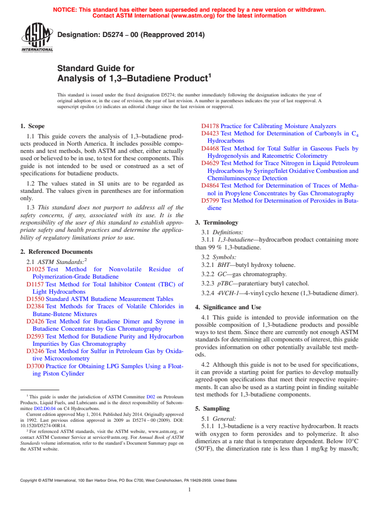 ASTM D5274-00(2014) - Standard Guide for  Analysis of 1,3&ndash;Butadiene Product