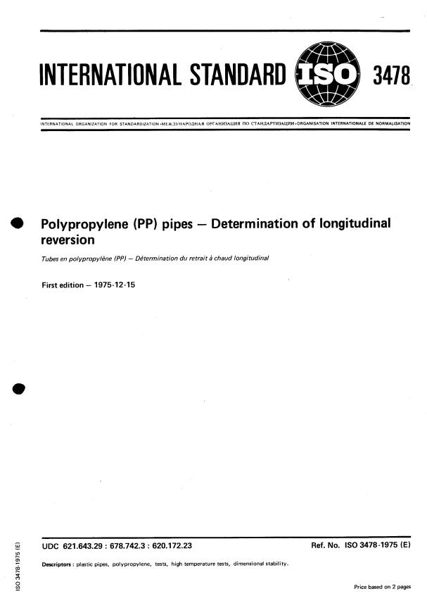 ISO 3478:1975 - Polypropylene (PP) pipes -- Determination of longitudinal reversion