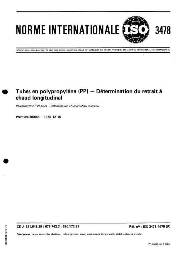 ISO 3478:1975 - Tubes en polypropylene (PP) -- Détermination du retrait a chaud longitudinal