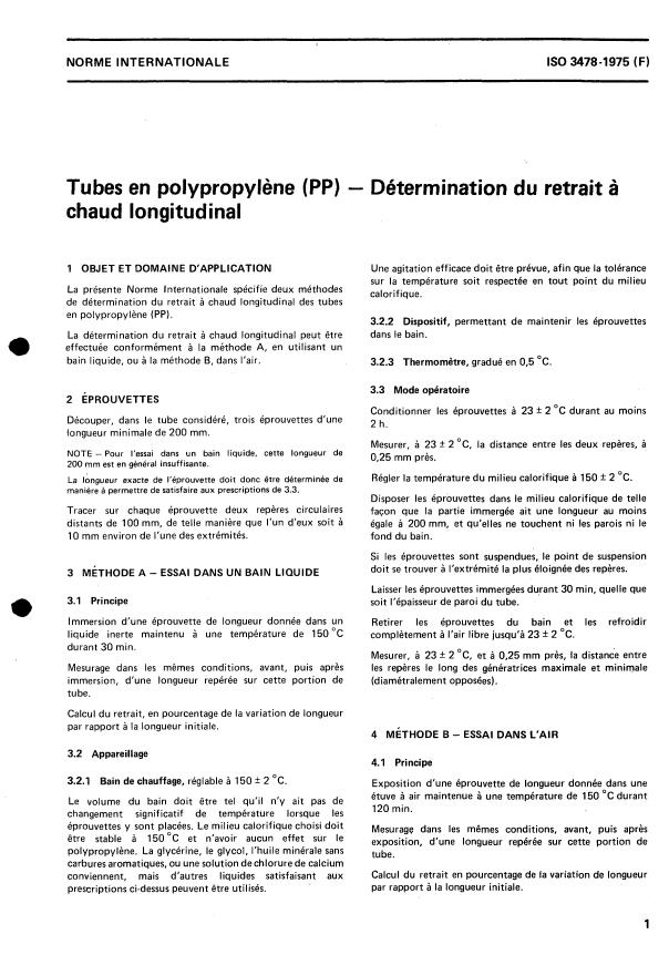 ISO 3478:1975 - Tubes en polypropylene (PP) -- Détermination du retrait a chaud longitudinal