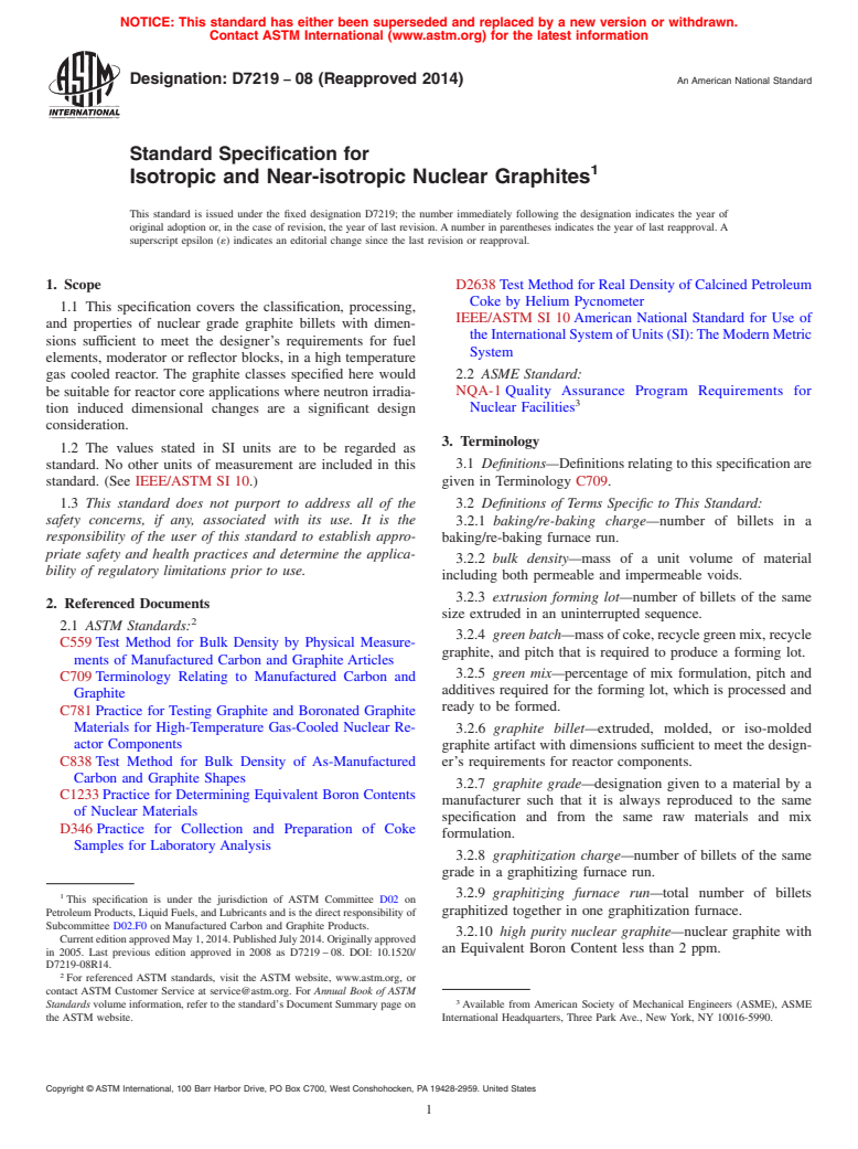 ASTM D7219-08(2014) - Standard Specification for  Isotropic and Near-isotropic Nuclear Graphites