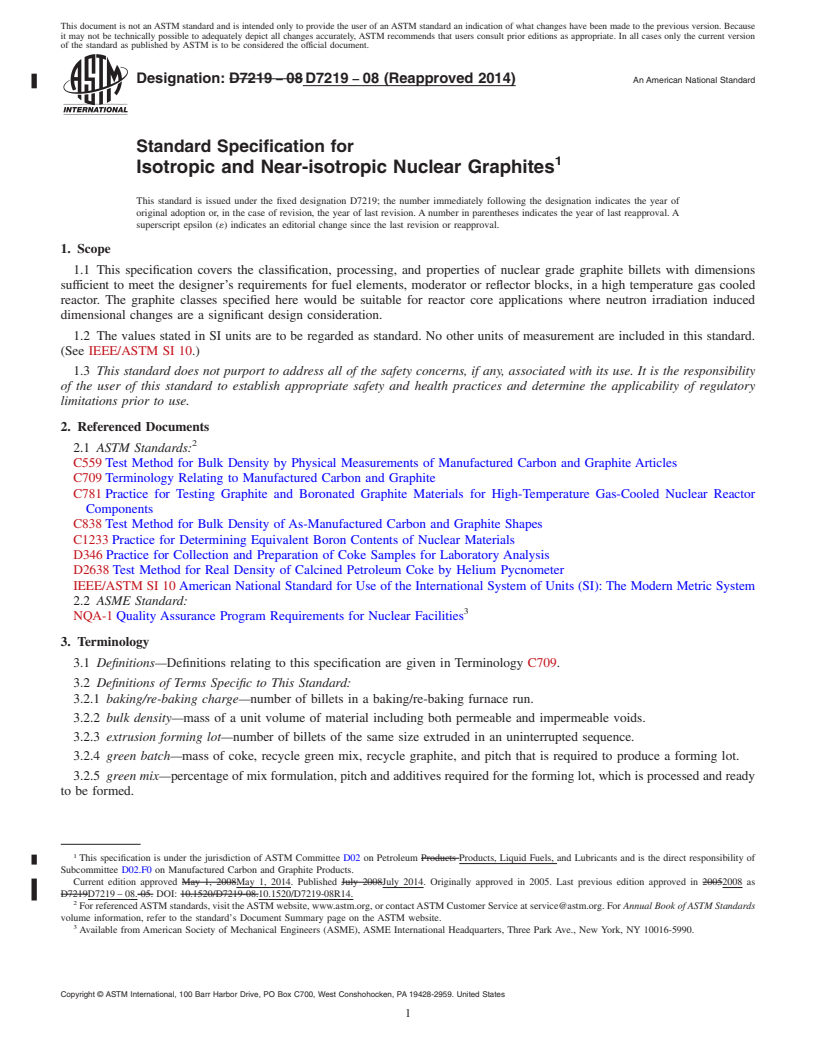 REDLINE ASTM D7219-08(2014) - Standard Specification for  Isotropic and Near-isotropic Nuclear Graphites