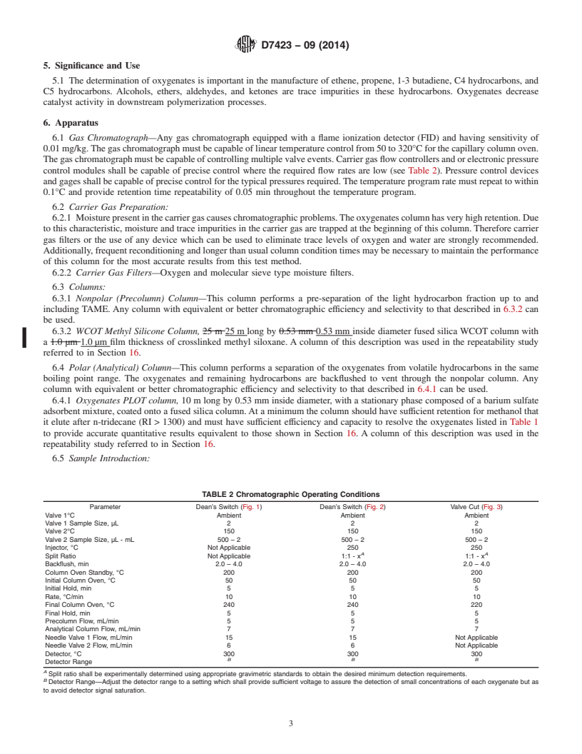 REDLINE ASTM D7423-09(2014) - Standard Test Method for   Determination of Oxygenates in C2, C3, C4, and C5 Hydrocarbon  Matrices by Gas Chromatography and Flame Ionization Detection