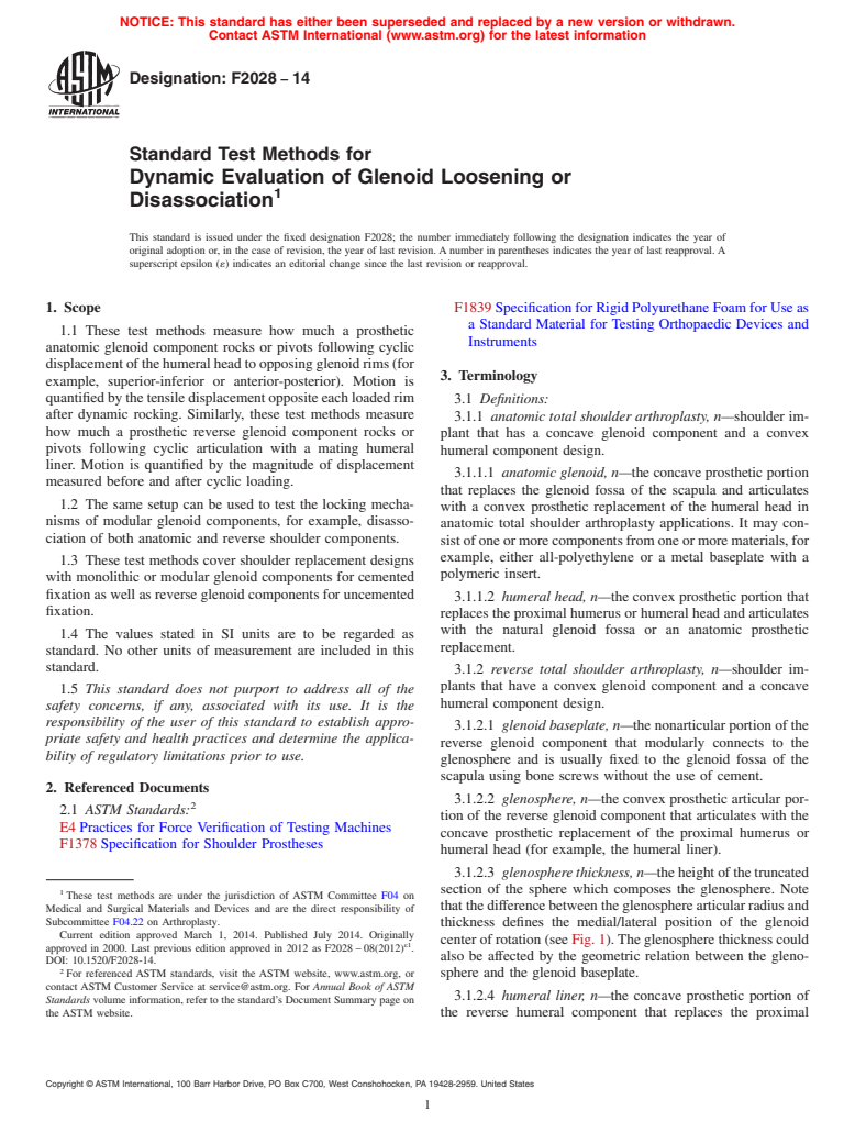 ASTM F2028-14 - Standard Test Methods for Dynamic Evaluation of Glenoid Loosening or Disassociation